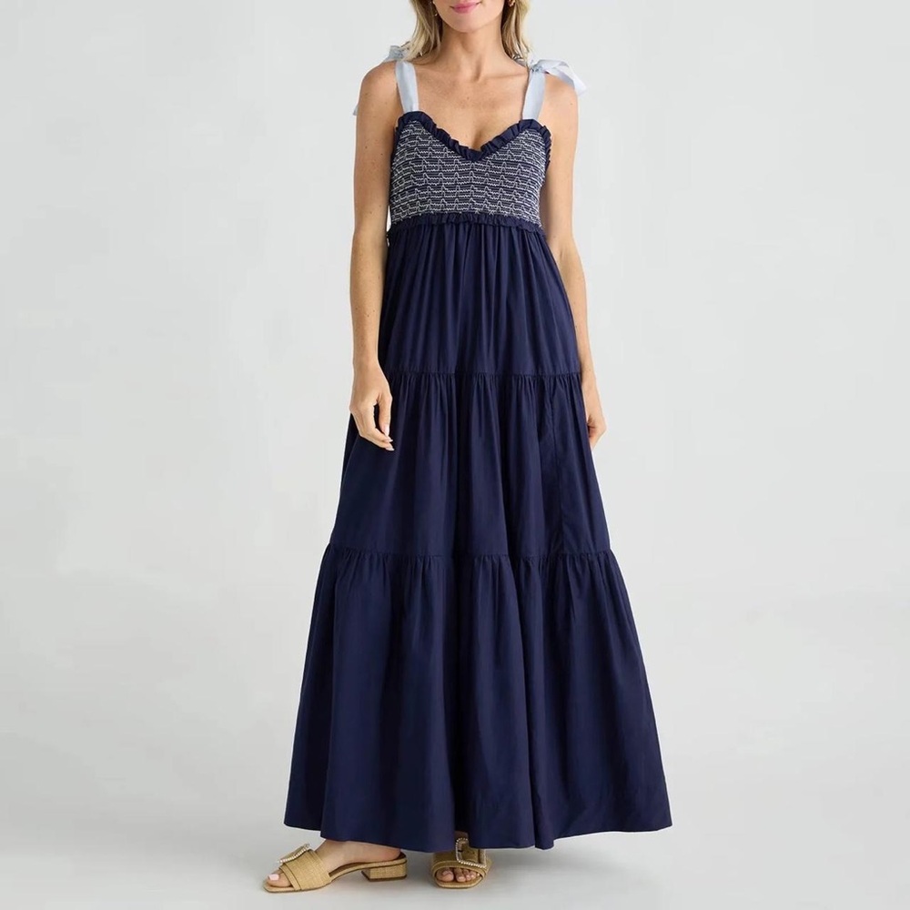 Free People Bluebell Dress - Navy Maxi Dress with Light Blue Tie Straps